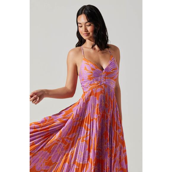 ASTR The Label Women's Orange Purple Floral Blythe Floral Midi Dress Size M NWT - Picture 3 of 13